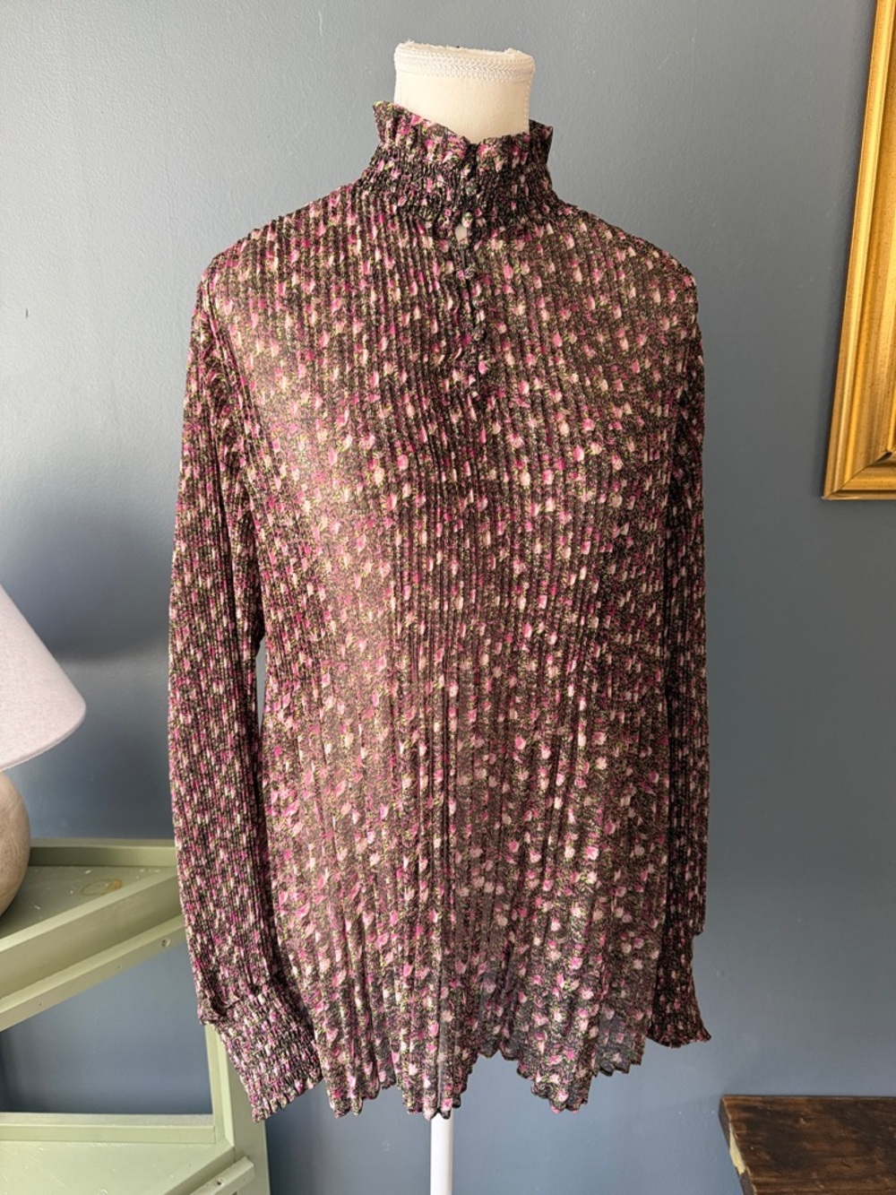 CAbi Pink Floral Blouse with Black Base